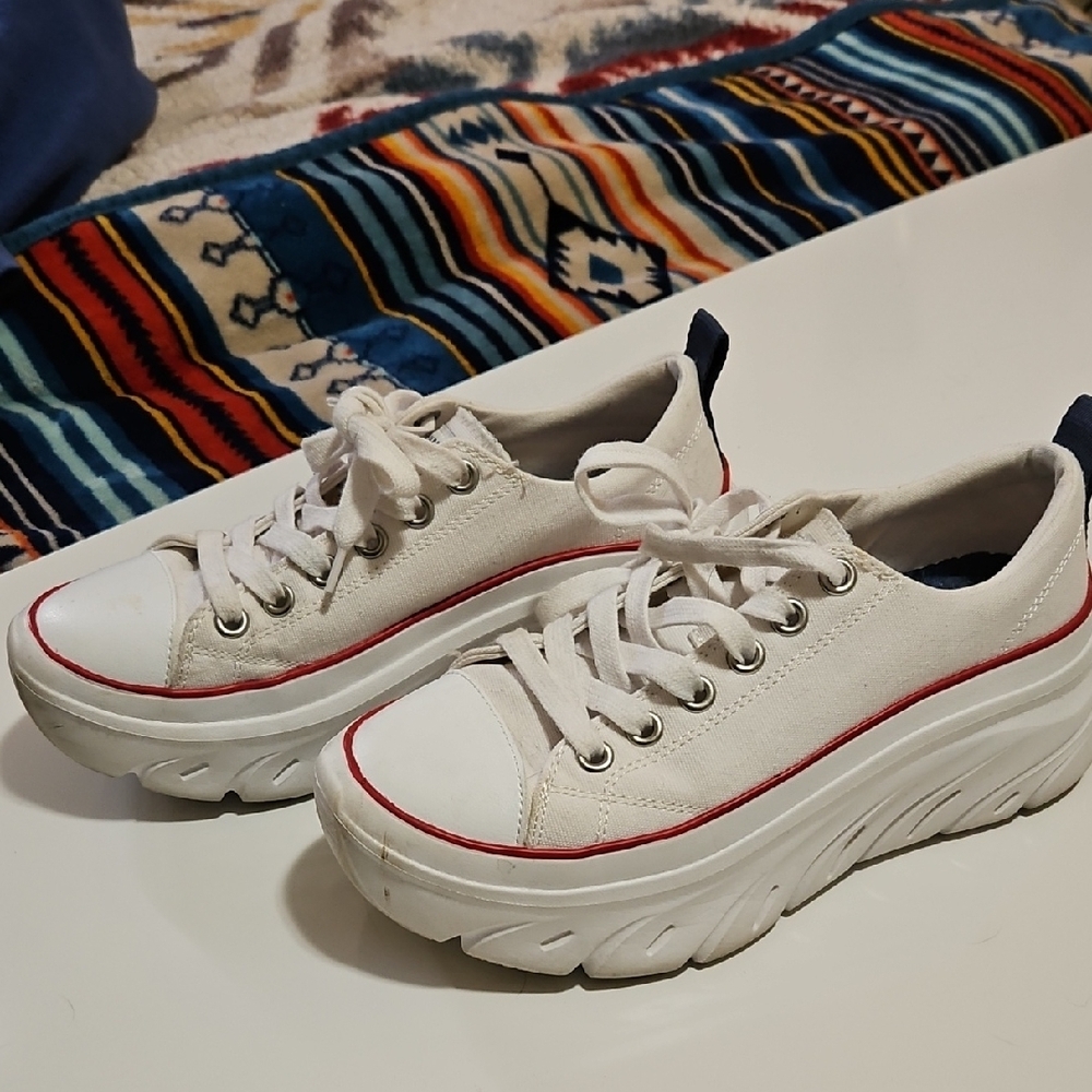 Skechers White Sneakers with Red and Blue Accents